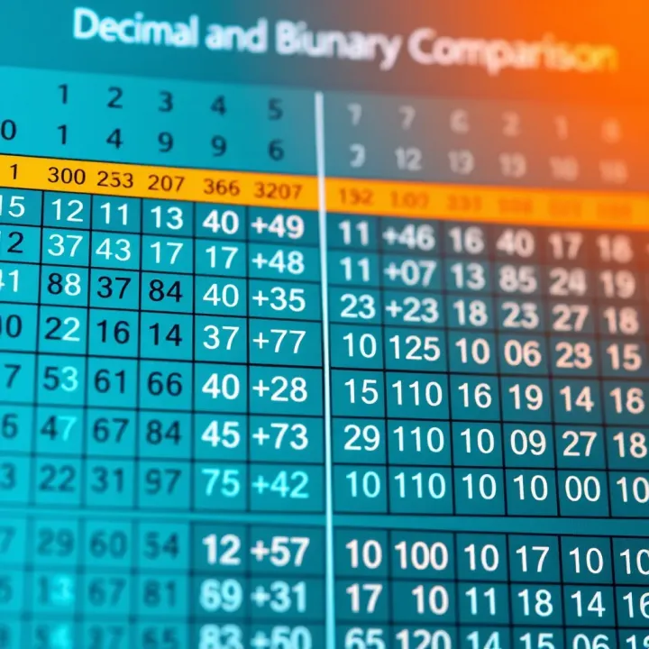 Table illustrating decimal numbers with corresponding binary equivalents for easy comparison