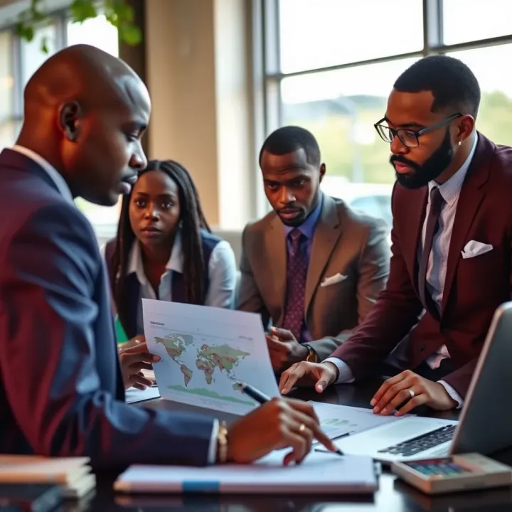 Business team analyzing data charts for risk assessment in Nigerian market