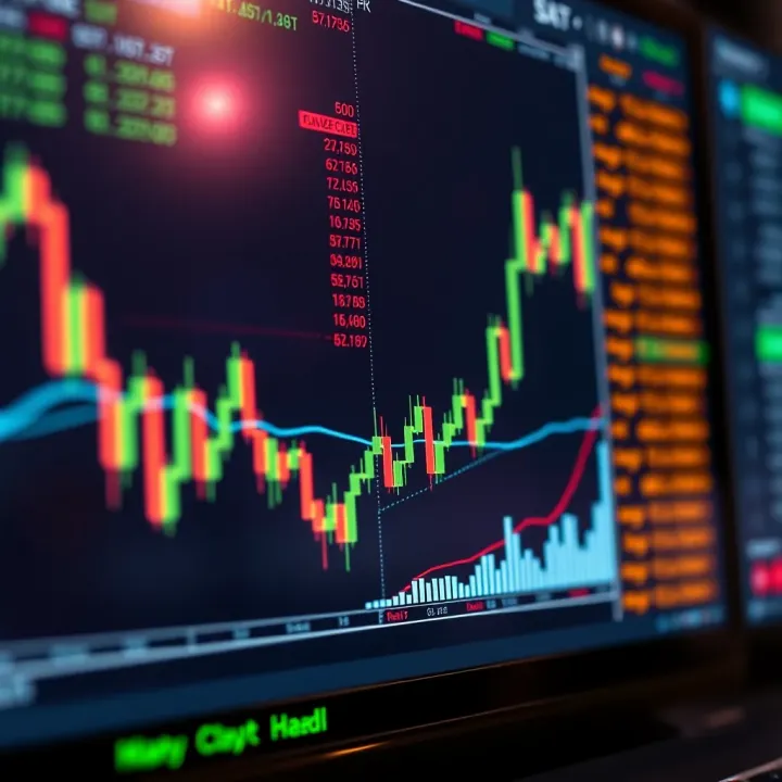 Graph showing currency pair analysis with candlestick patterns and trend lines on a digital trading platform