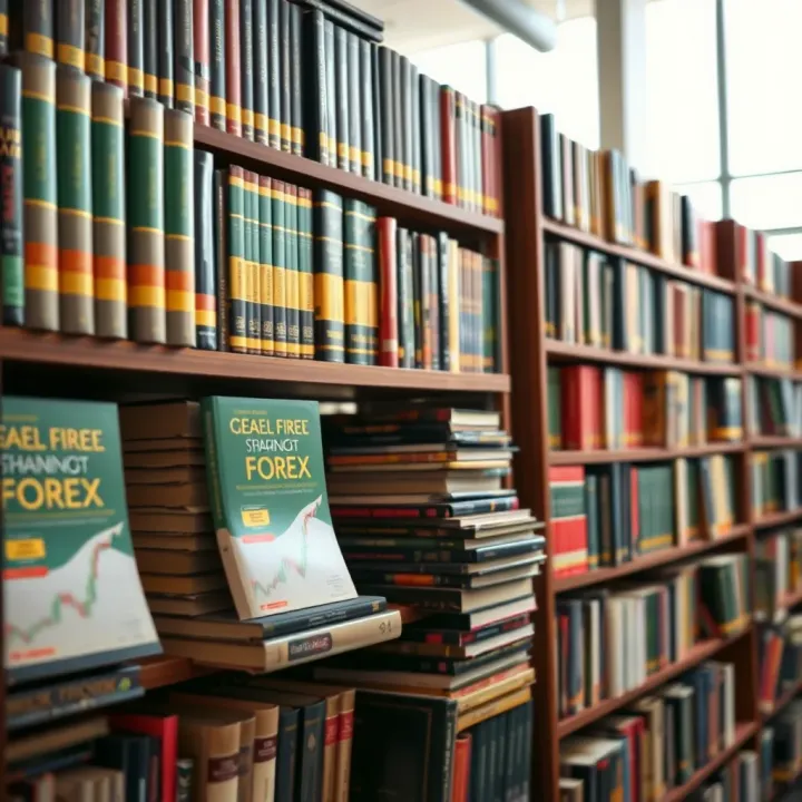Bookshelves filled with forex trading guides and financial strategy literature