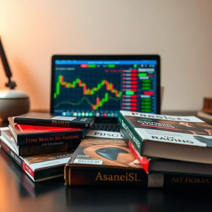 Collection of forex trading books and a laptop showing currency exchange rates