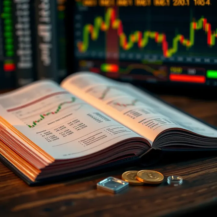Close-up of an open book displaying currency charts and trading strategies
