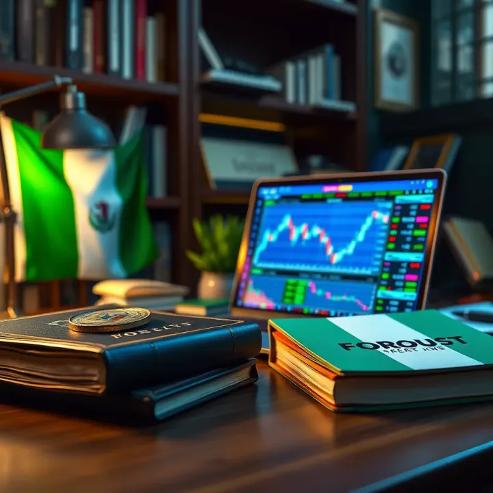 Desk setup with forex trading books, laptop displaying currency charts, and Nigerian flag