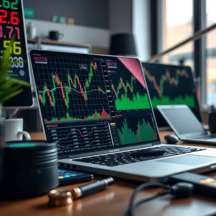 Collection of forex trading tools including charts, indicators, and a laptop screen displaying market analysis