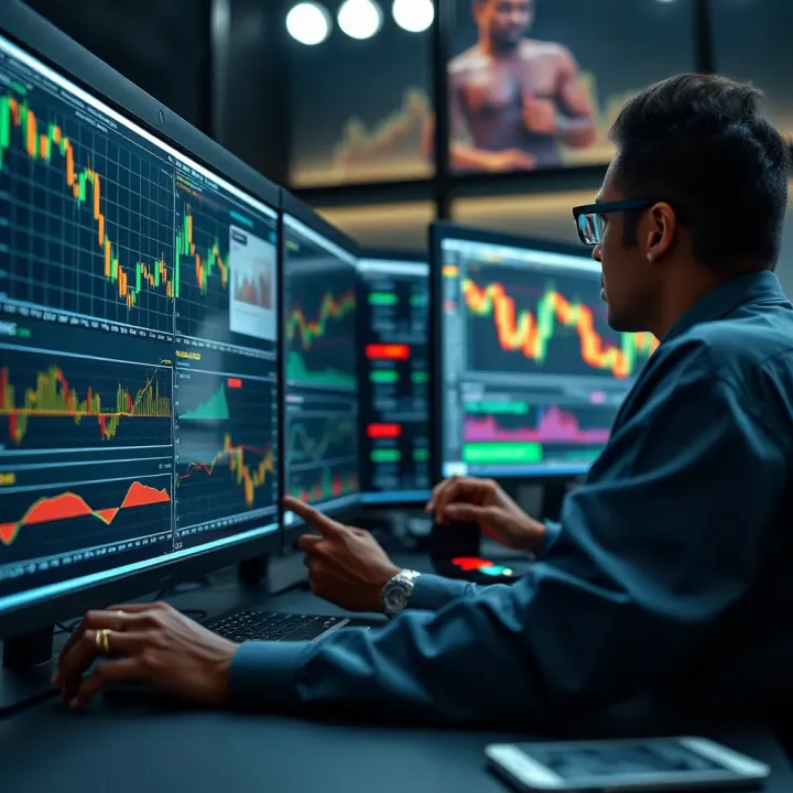 Illustration of a trader analyzing multiple screens with forex market charts and data