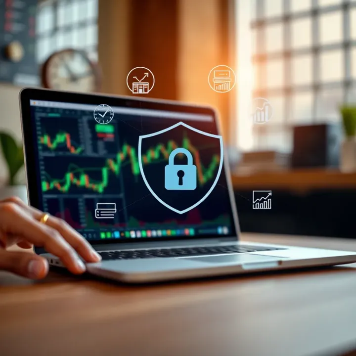 Illustration of a secure online transaction with regulatory compliance symbols around a laptop
