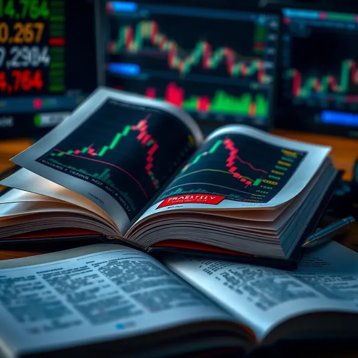 Open book with forex charts and notes on trading psychology and risk management