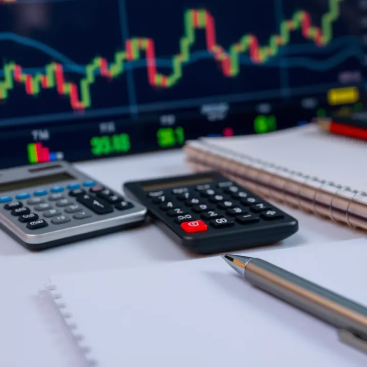 Close-up of a forex trading chart with a calculator, notebook, and pen on a trading desk