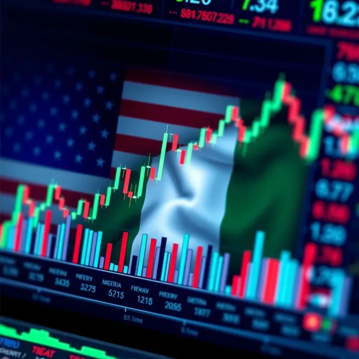 Forex trading chart displaying currency pair fluctuations with USA and Nigeria flags overlay