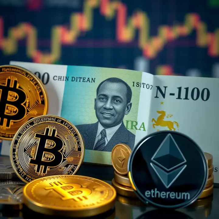 Illustration showing Nigerian naira symbol alongside popular cryptocurrencies like Bitcoin and Ethereum
