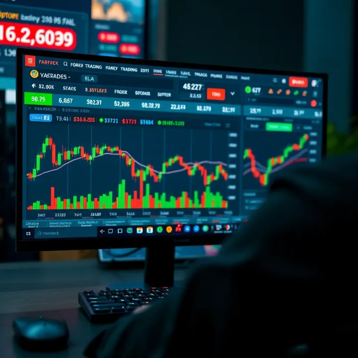Computer screen showing forex trading platform interface with live market data and trading options