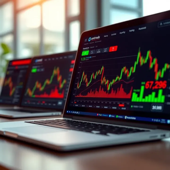 Laptop screen displaying crypto trading dashboard with graphs and statistics