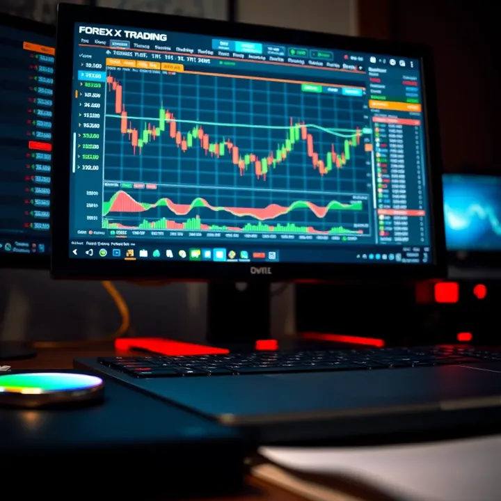 Computer screen displaying forex trading platform with charts and indicators