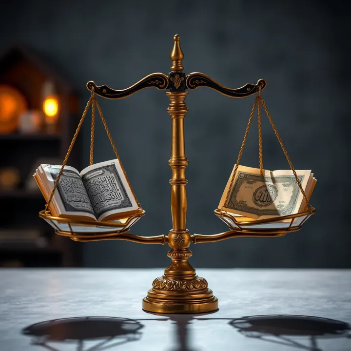 Islamic finance principles represented by traditional scales balancing Quran and currency symbols
