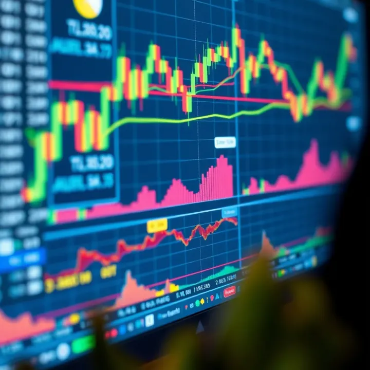 Close-up of computer screen displaying forex trading tools and financial graphs