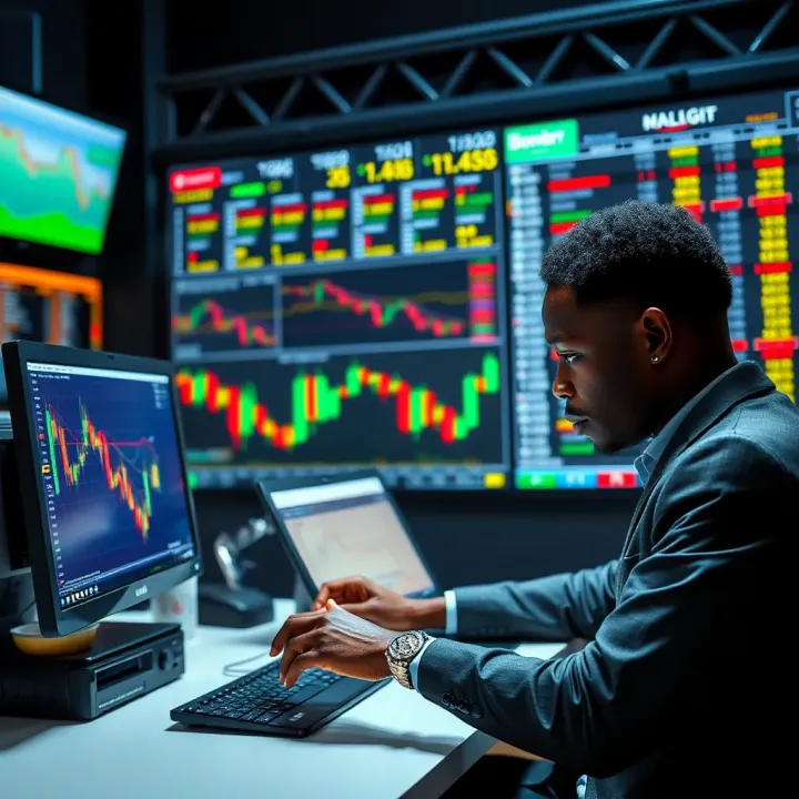 Conceptual illustration of Nigerian traders practicing strategies on a digital screen using demo accounts