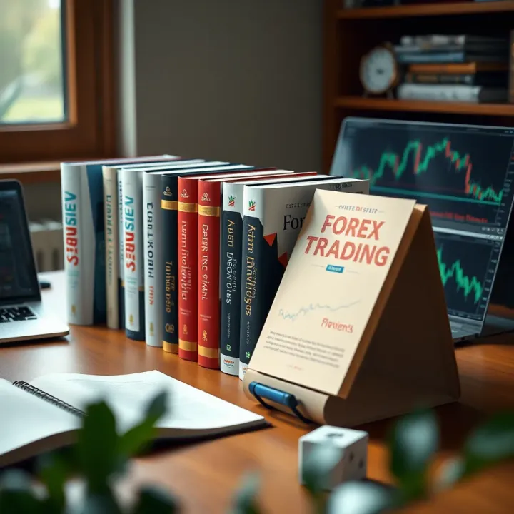 Collection of essential forex trading books on a wooden desk with a laptop and financial charts