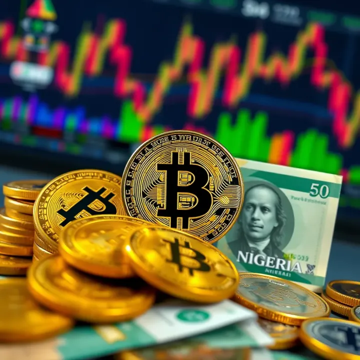 Illustration of digital currency symbols and Nigerian Naira coins representing online trading