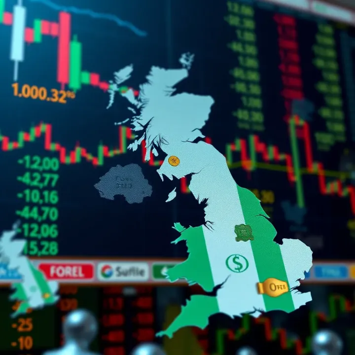 Conceptual graphic of United Kingdom map with forex symbols and Nigerian naira currency signs