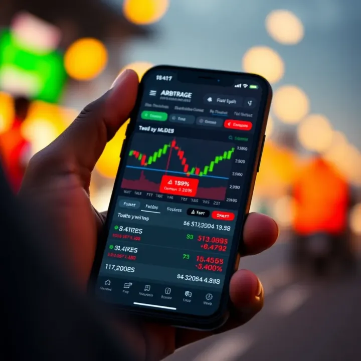 Mobile phone screen displaying arbitrage trading app interface with charts and currency exchange rates