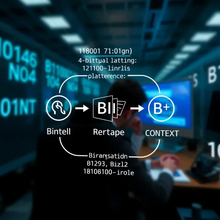 Diagram illustrating the conversion of binary code into readable text and symbols through translation mechanisms