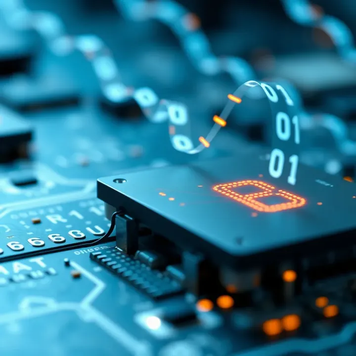 Illustration depicting a computer chip with binary digits flowing to symbolize data processing in binary form