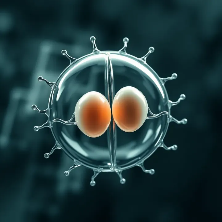 Diagram showing a single-celled organism dividing into two identical cells through binary fission