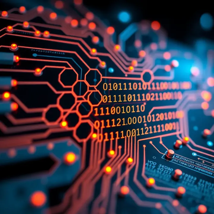 Illustration of a computer circuit illustrating binary data flow through digital components