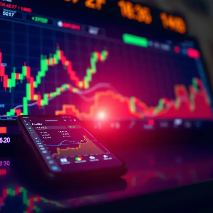 Illustration of digital financial charts and a smartphone displaying binary options trading interface