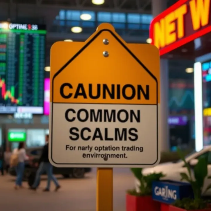 Warning sign highlighting common scams in online trading environment