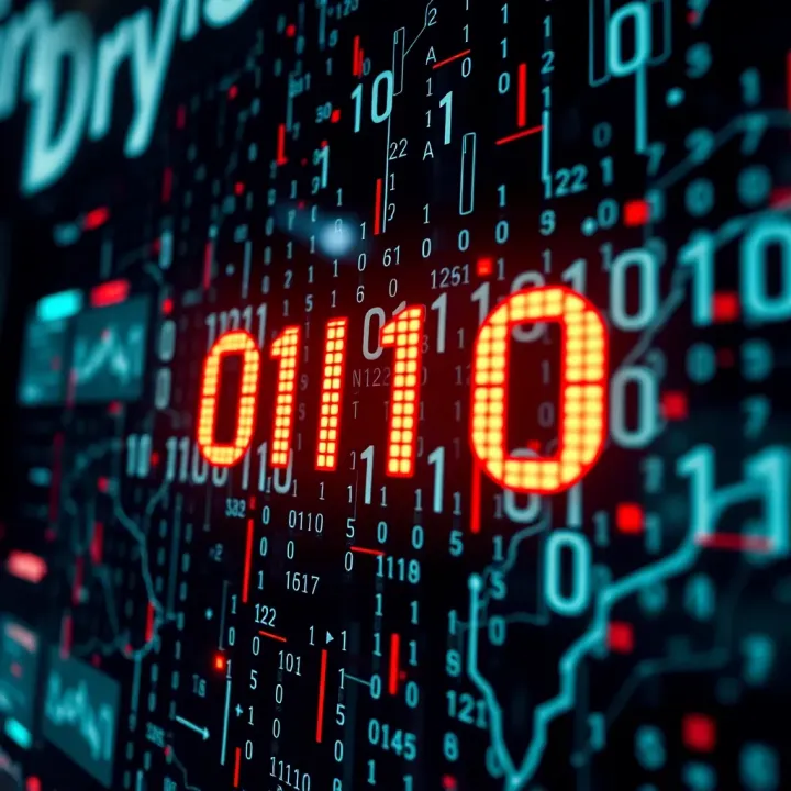 Conceptual graphic showing binary code transforming into digital applications and devices
