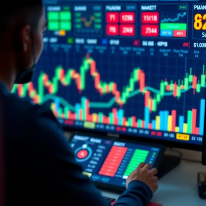 Digital interface showing binary options trading charts and data