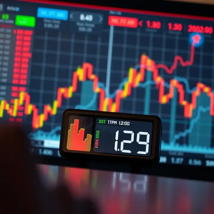Illustration depicting upward and downward financial graphs with a digital timer representing fixed timeframe predictions in binary trading