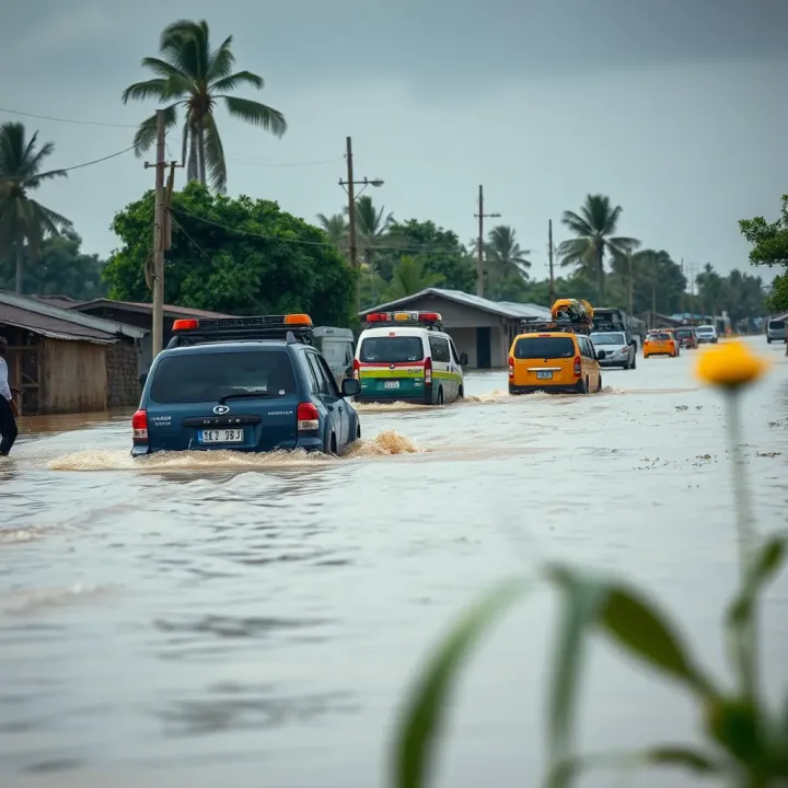 Flooded Nigerian village with emergency response vehicles and local community members assessing the situation