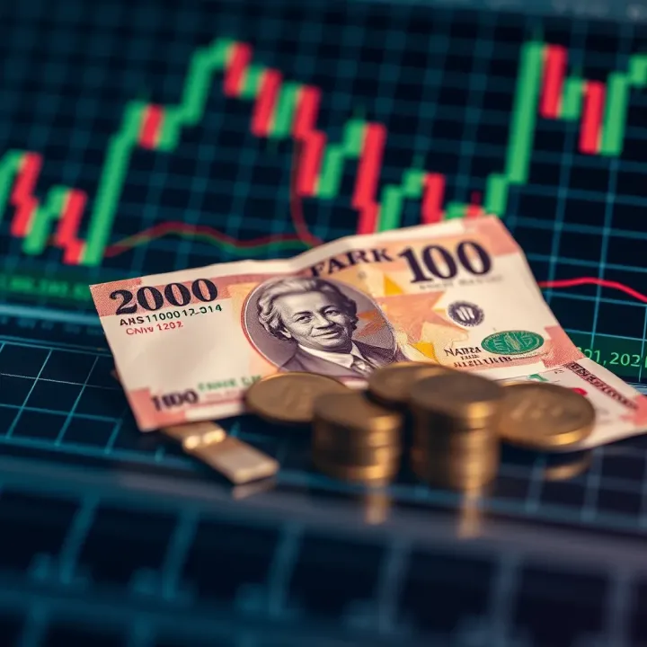 Forex trading concept with currency symbols and Nigerian Naira notes on a digital graph background