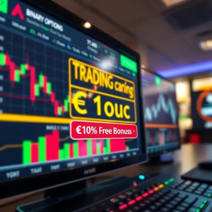 Illustration of a digital trading platform displaying binary options with highlighted free bonus offer