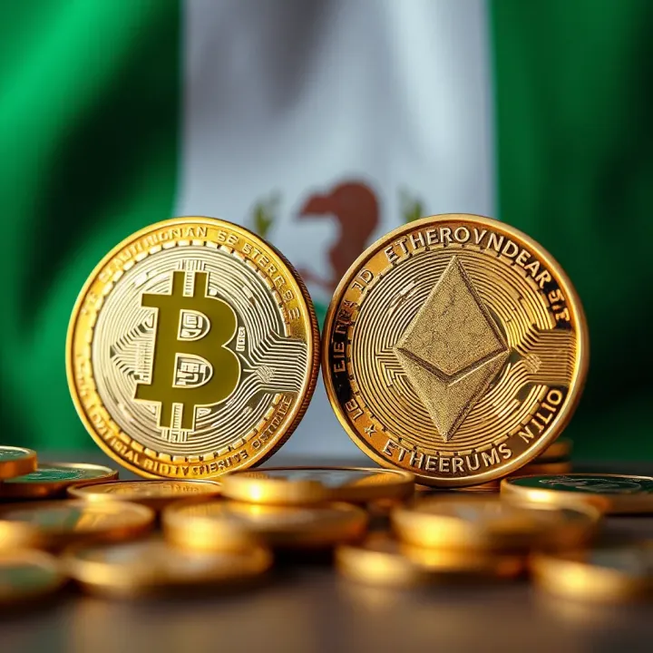 Digital representation of Bitcoin and Ethereum coins with Nigerian flag background symbolizing crypto trading in Nigeria
