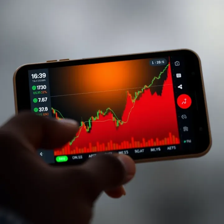 Graph showing upward and downward market trends overlaid on a smartphone screen used for trading cryptocurrencies